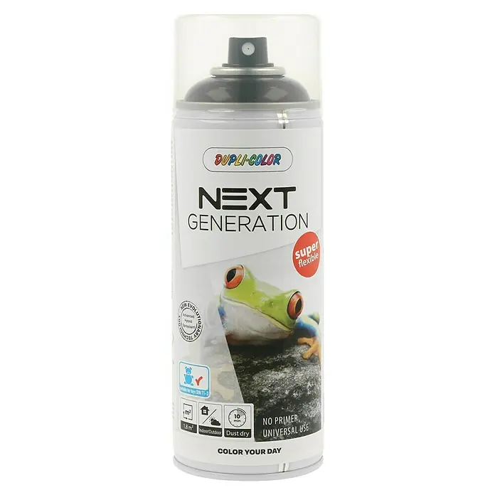 Dupli-Color Next Sprühlack Next Generation RAL 9005 - Tiefschwarz, Glänzend, 400 ml - Dupli-Color Next Generation Sprühfarbe mit Froschmotiv. Das Produkt ist flexibel, universell einsetzbar und benötigt keinen Primer.