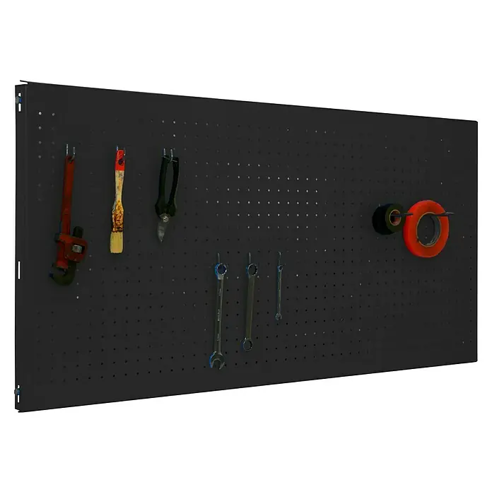Simonrack Panelclick Panel perforado con 8 ganchos - An x L: 60 x 150 cm, Antracita - Tablero de herramientas con llaves, llave inglesa, pincel, tijeras de jardín, cinta adhesiva negra y roja, ideal para bricolaje y profesionales.