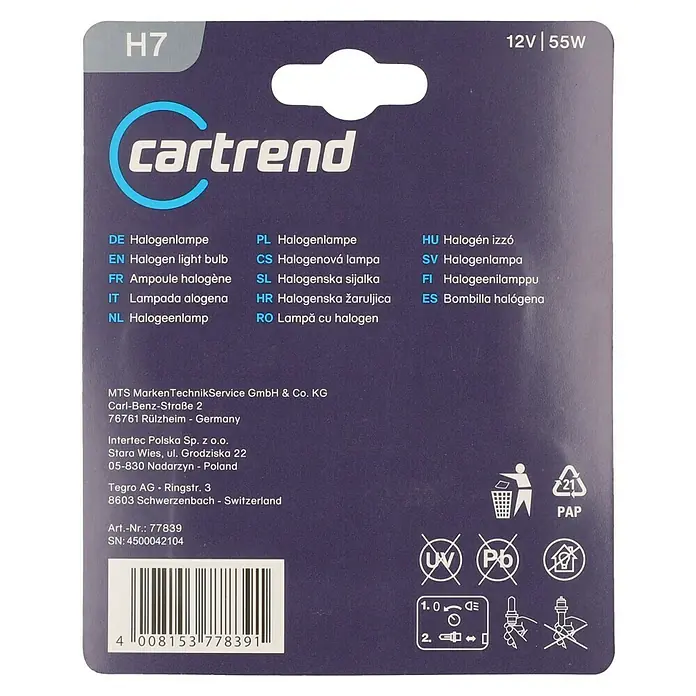 UniTEC Scheinwerferlampe - H7, 2 Stk. - Bild der "cartrend" H7 Halogenlampe (12V/55W) mit Informationen zu Spezifikationen, Hersteller und Recyclinghinweisen auf der Verpackung.