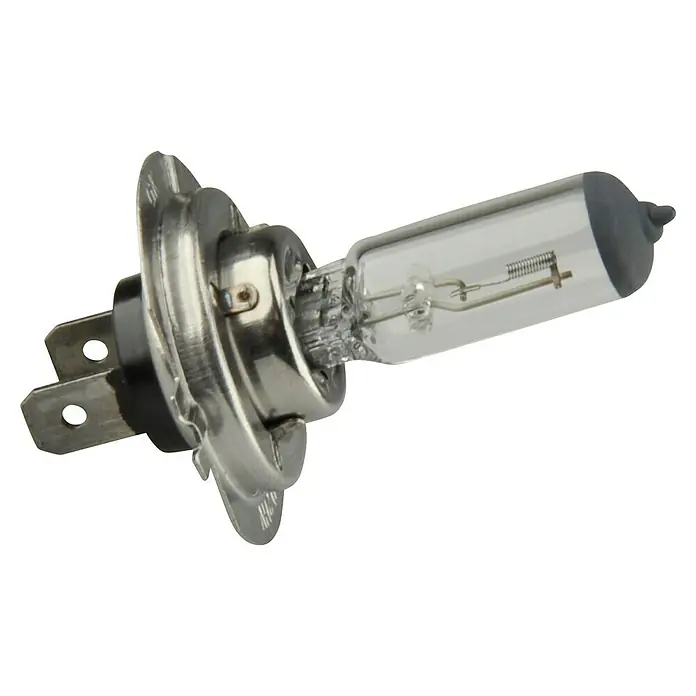 UniTEC Scheinwerferlampe - H7, 2 Stk. - Nahaufnahme einer H7-Halogenlampe mit Metallsockel und Glaskolben, ein typisches Autolicht.