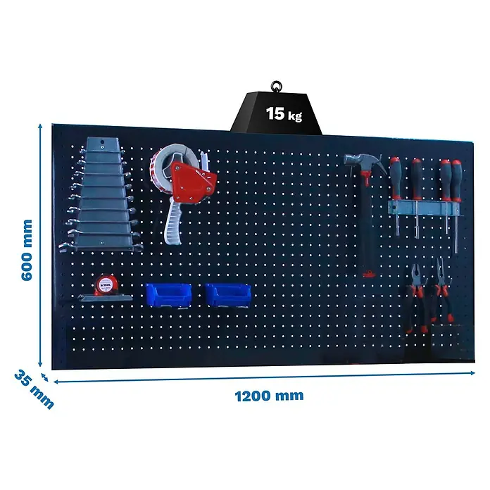 Simonrack Panelclick Panel perforado con 8 ganchos - An x L: 60 x 120 cm, Antracita - Imagen de una pared de herramientas con herramientas, capaz de soportar 15 kg, de 1200 mm x 600 mm x 35 mm.