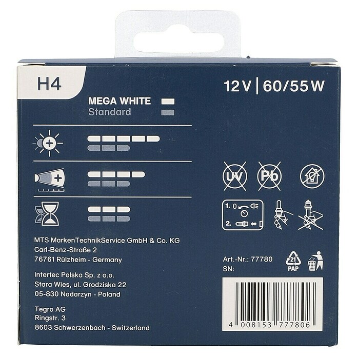 UniTEC Hauptscheinwerfer-Lampen XENON Mega White (H4, 2 Stk.)