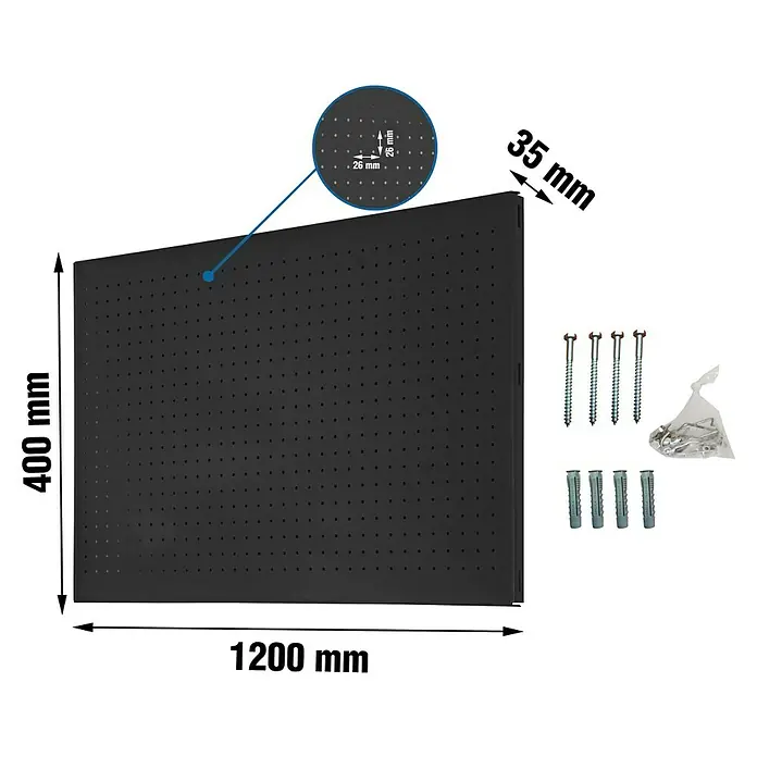 Simonrack Panelclick Panel perforado con 8 ganchos - An x L: 40 x 120 cm, Antracita - Panel perforado negro con material de montaje. Ideal para el taller para crear orden. Espacio entre agujeros: 26 mm.
