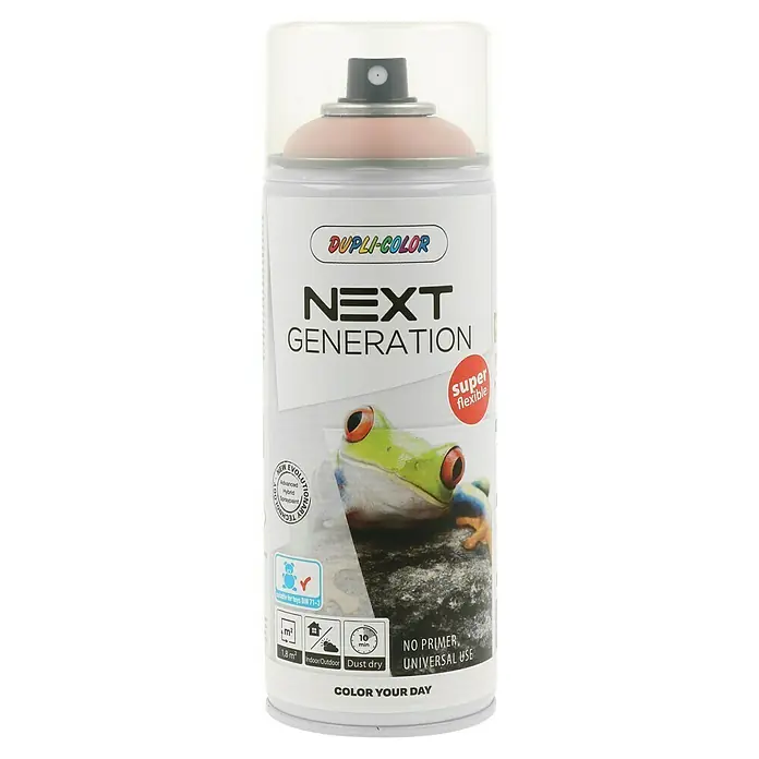 Dupli-Color Next Sprühlack Next Generation - Riga, Seidenmatt, 400 ml - Eine Dose Dupli-Color Next Generation Sprühfarbe mit einem Froschmotiv, ideal für flexible Anwendungen und vielseitige Oberflächen.