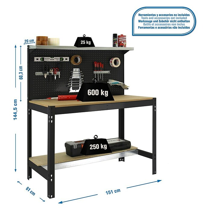 Simonrack Simonwork Banco de trabajo BT3 (L x An: 61 x 151 cm, Altura de trabajo: 144,5 cm, Carga soportada: 1.800 kg, Antracita/Madera) | BAUHAUS