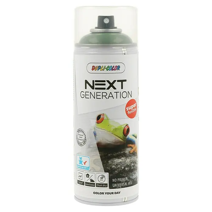 Dupli-Color Next Sprühlack Next Generation RAL 6011 - Resedagrün, Glänzend, 400 ml - Dose Dupli-Color Next Generation Sprühfarbe mit Froschmotiv, super flexibel, geeignet für Innen- und Außenbereiche und Spielzeuge.