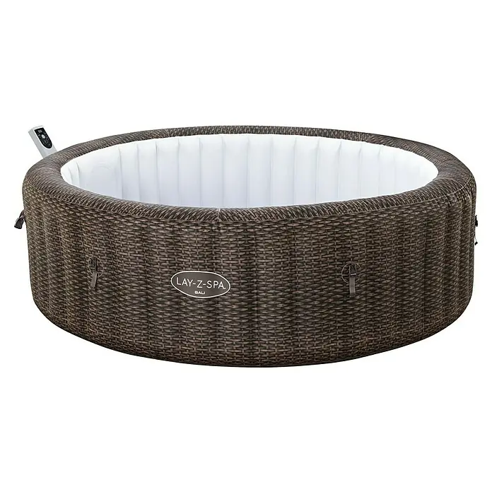 Bestway Lay-Z-Spa Mobil-Whirlpool Bali - Ø x H: 216 x 71 cm, Braun, 1.260 l - Brauner Lay-Z-Spa Bali Whirlpool mit Rattan-Optik und weißem Innenraum, ideal für entspannende Stunden im Garten.