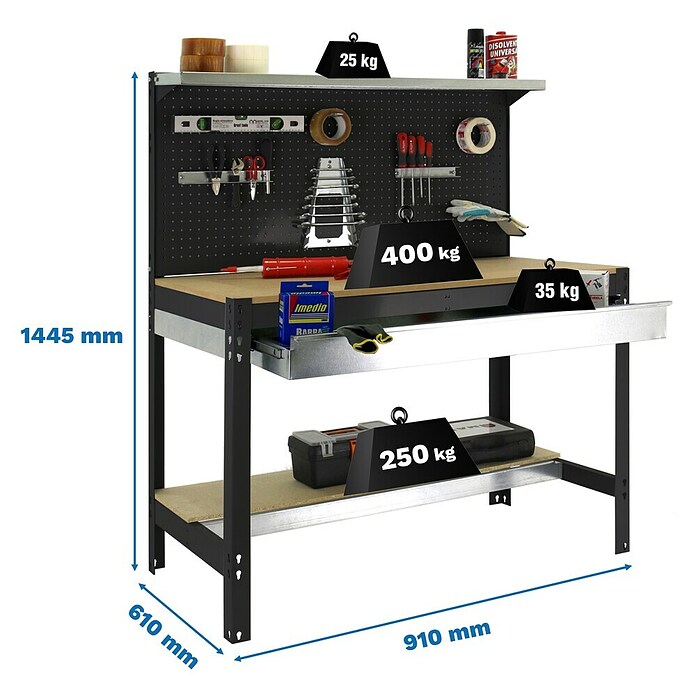 Simonrack Simonwork Banco de trabajo BT3 Box (L x An: 61 x 91 cm, Altura de trabajo: 144,5 cm, Carga soportada: 1.200 kg, Antracita/Madera) | BAUHAUS