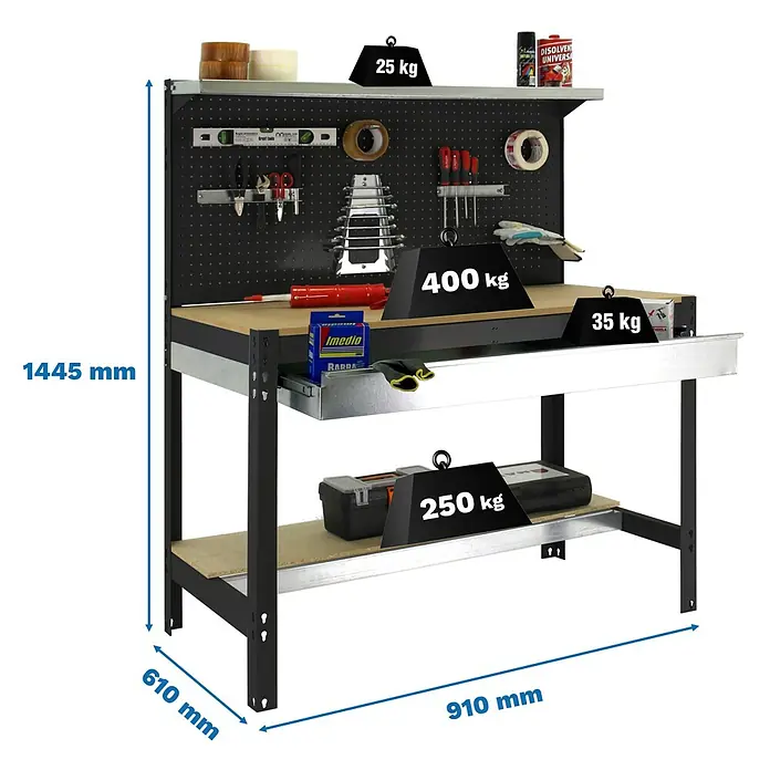 Simonrack Simonwork Banco de trabajo BT3 Box - L x An: 61 x 91 cm, Altura de trabajo: 144,5 cm, Carga soportada: 1.200 kg, Antracita/Madera - Imagen de un banco de trabajo que muestra herramientas y accesorios, incluidas las clasificaciones de peso para destacar su capacidad de carga.