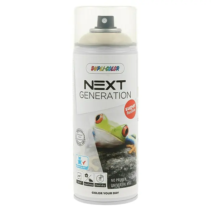 Dupli-Color Next Sprühlack Next Generation RAL 1015 - Hellelfenbein, Glänzend, 400 ml - Dupli-Color Next Generation Sprühfarbe mit einem Frosch auf dem Etikett, ideal für flexible Oberflächen und vielseitige Anwendungen.