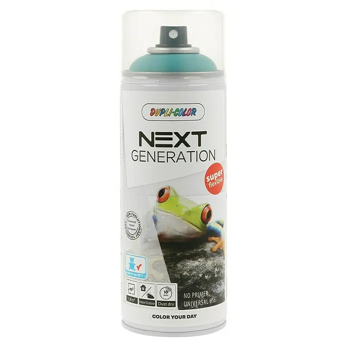 Dupli-Color Next Sprühlack Next Generation - Sofia, Seidenmatt, 400 ml - Eine Dose Dupli-Color Next Generation Sprühfarbe mit einem Frosch auf dem Etikett, ideal für vielfältige Anwendungen und flexible Oberflächen.