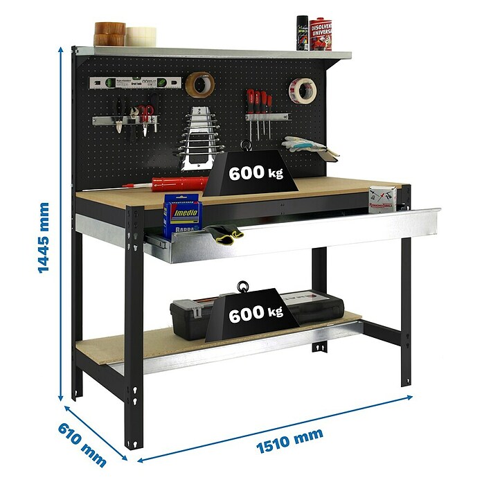 Simonrack Simonwork Banco de trabajo BT3 Box (L x An: 61 x 151 cm, Altura de trabajo: 144,5 cm, Carga soportada: 1.800 kg, Antracita/Madera) | BAUHAUS
