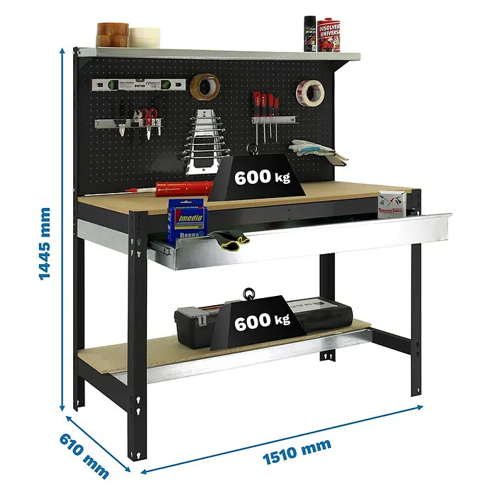 Simonrack Simonwork Banco de trabajo BT3 Box - L x An: 61 x 151 cm, Altura de trabajo: 144,5 cm, Carga soportada: 1.800 kg, Antracita/Madera - Banco de trabajo con panel de herramientas, cajón y estante. El banco de trabajo puede cargarse hasta 600 kg.