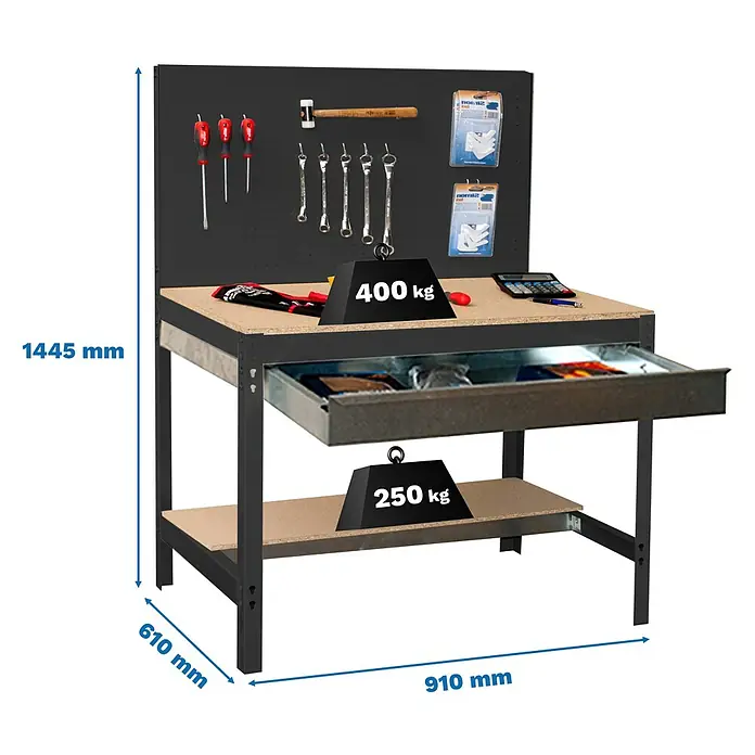Simonrack Simonwork Banco de trabajo BT2 Box - Antracita/Madera, Ancho: 91 cm - Banco de trabajo con cajón y panel para herramientas para aficionados al bricolaje y profesionales. Capacidad de carga hasta 400 kg (superior) y 250 kg (inferior).