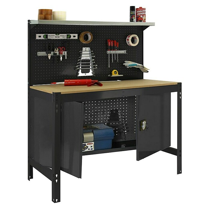 Simonrack Simonwork Banco de trabajo BT3 Cabinet (L x An: 61 x 121 cm, Altura de trabajo: 144,5 cm, Carga soportada: 600 kg, Antracita/Madera) | BAUHAUS