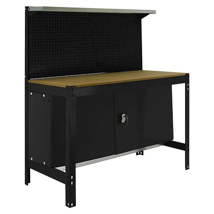 Simonrack Simonwork Banco de trabajo BT3 Cabinet - L x An: 61 x 91 cm, Altura de trabajo: 144,5 cm, Carga soportada: 400 kg, Antracita/Madera - La imagen muestra un banco de trabajo negro con encimera marrón claro y panel perforado para herramientas.