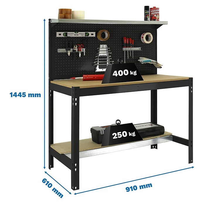 Simonrack Simonwork Banco de trabajo BT3 (L x An: 61 x 91 cm, Altura de trabajo: 144,5 cm, Carga soportada: 1.200 kg, Antracita/Madera) | BAUHAUS