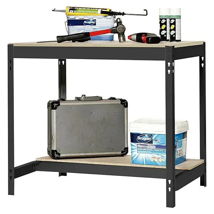 Simonrack Simonwork Banco de trabajo BT0 - L x An: 61 x 151 cm, Altura de trabajo: 84,2 cm, Carga soportada: 1.200 kg, Antracita/Madera - Banco de trabajo con herramientas, adhesivo, martillo, destornillador, aerosol y lata de pintura.