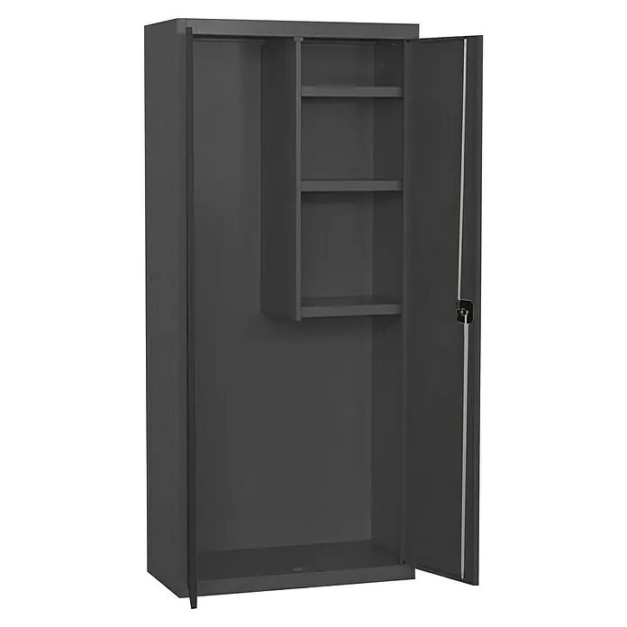 Simonrack Simonlocker Armario multiusos metálico Cleaning Desmontado - L x An x Al: 40 x 80 x 180 cm, Número de puertas: 2 ud., Antracita/Antracita - Un armario de acero gris con puertas abiertas y estantes en la parte superior. Ideal para un taller u oficina para un almacenamiento seguro.