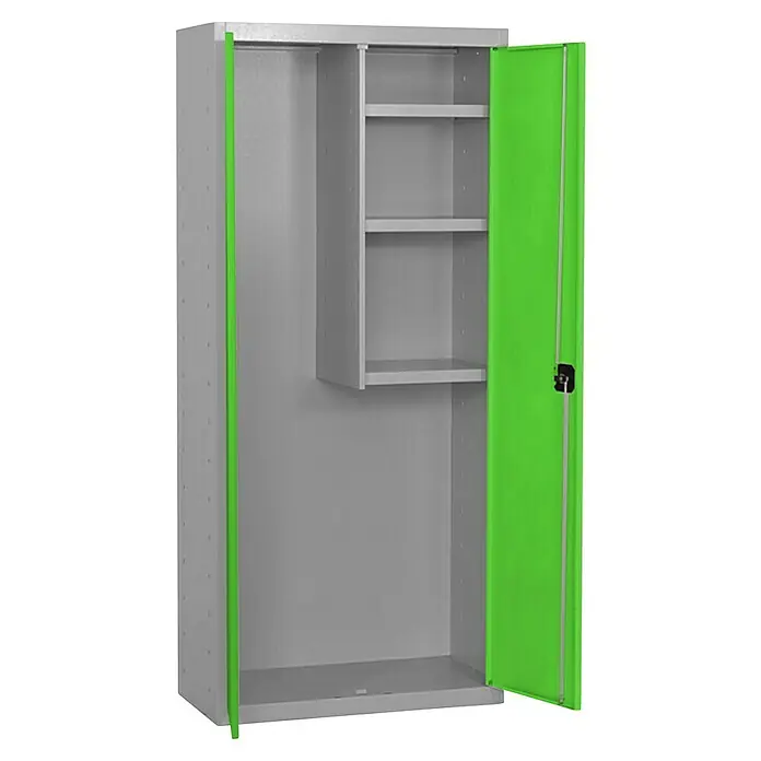 Simonrack Simonlocker Armario multiusos metálico Cleaning Desmontado - L x An x Al: 40 x 60 x 180 cm, Número de puertas: 2 ud., Gris/Verde - Un armario de acero gris abierto con marcos de puertas verdes y estantes internos ofrece almacenamiento para diversos artículos.