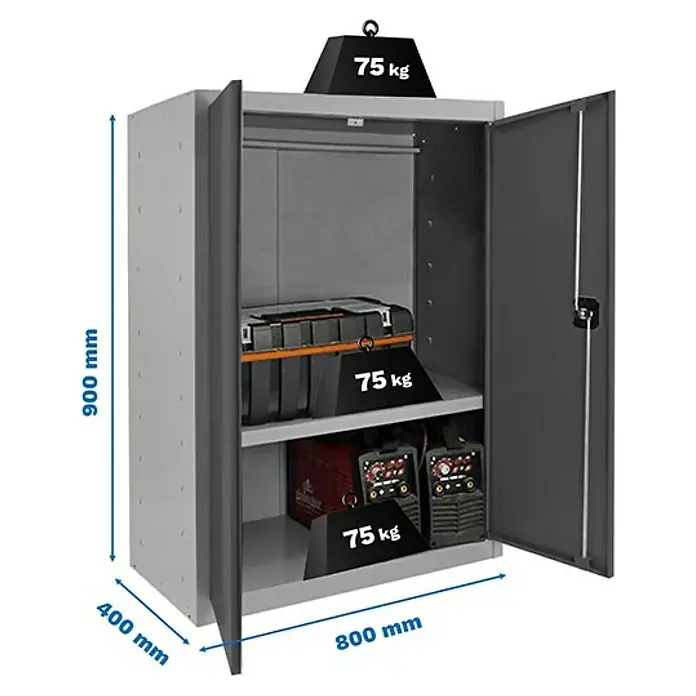 Simonrack Simonlocker Armario multiusos metálico Multi Professional Desmontado - L x An x Al: 40 x 80 x 90 cm, Gris/Antracita, Número de baldas: 1 ud. - Un armario de herramientas gris con dos estantes, cargado con herramientas y equipos, mostrando sus dimensiones.