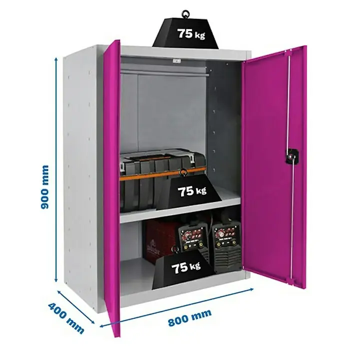 Simonrack Simonlocker Armario multiusos metálico Multi Professional Desmontado - L x An x Al: 40 x 80 x 90 cm, Gris/Rosa, Número de baldas: 1 ud. - Imagen de un armario de herramientas con dos estantes, cargado con una caja de herramientas y equipos, destacando la carga máxima de peso.