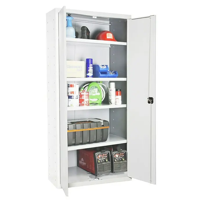 Simonrack Simonlocker Armario multiusos metálico Multi Professional Desmontado - L x An x Al: 40 x 100 x 180 cm, Blanco/Blanco, Número de baldas: 4 ud. - Armario de herramientas abierto de color gris con múltiples estantes llenos de diversas herramientas y accesorios.