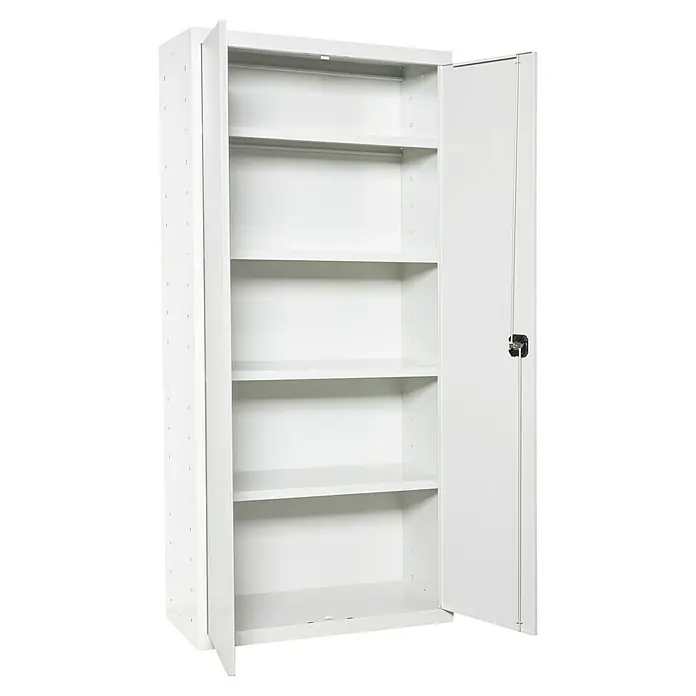 Simonrack Simonlocker Armario multiusos metálico Multi Professional Desmontado - L x An x Al: 40 x 100 x 180 cm, Blanco/Blanco, Número de baldas: 4 ud. - Armario de acero blanco con puertas abiertas y cuatro estantes, ideal para oficina o almacén. Construcción robusta para diversas necesidades de almacenamiento.