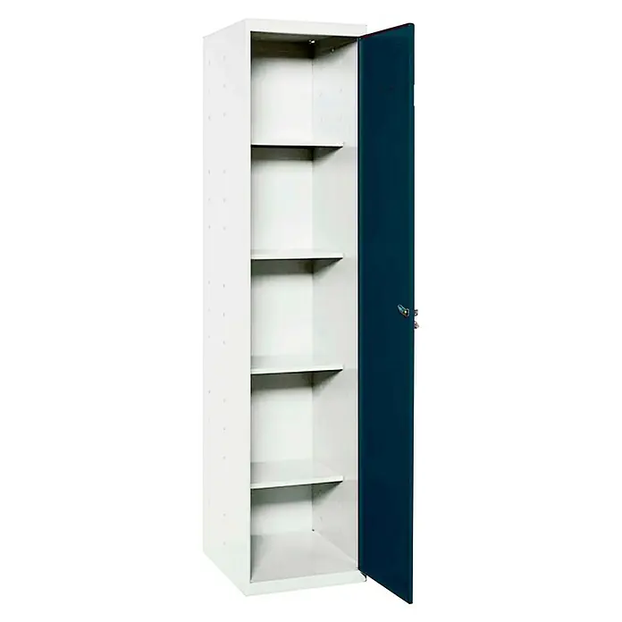 Simonrack Simonlocker Armario multiusos metálico Cleaning Desmontada - L x An x Al: 40 x 40 x 180 cm, Número de puertas: 1 ud., Blanco/Antracita - Armario metálico blanco abierto con cinco estantes y una puerta azul parcialmente abierta, adecuado para oficina o almacén.