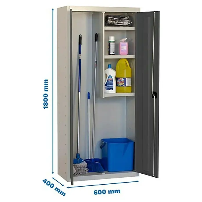 Simonrack Simonlocker Armario multiusos metálico Cleaning Desmontado - L x An x Al: 40 x 60 x 180 cm, Número de puertas: 2 ud., Gris/Antracita - Imagen de un armario de limpieza con dimensiones, que muestra el armario gris abierto lleno de productos y accesorios de limpieza.