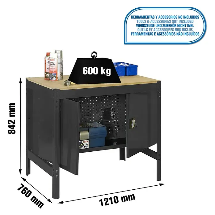 Simonrack Simonwork Banco de trabajo BT0 Cabinet - L x An: 76 x 121 cm, Altura de trabajo: 84,2 cm, Carga soportada: 600 kg, Antracita/Madera - Banco de trabajo con cajones, dimensiones (842 mm de altura, 760 mm de profundidad, 1210 mm de ancho), ideal para talleres y salas de ocio, construcción robusta.