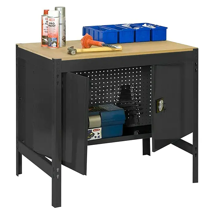 Simonrack Simonwork Banco de trabajo BT0 Cabinet - L x An: 61 x 91 cm, Altura de trabajo: 84,2 cm, Carga soportada: 400 kg, Antracita/Madera - Banco de trabajo con encimera de madera, estructura metálica y almacenamiento de herramientas. Ideal para bricolaje y talleres.
