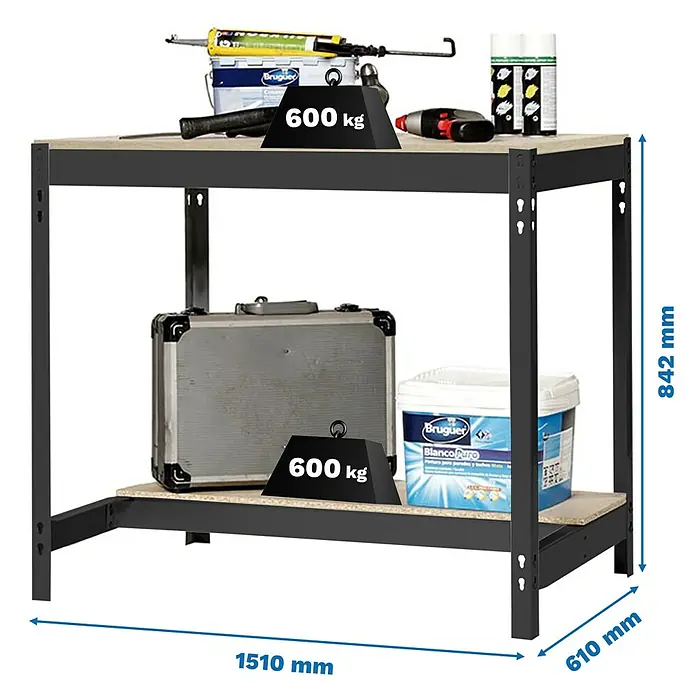 Simonrack Simonwork Banco de trabajo BT0 - L x An: 61 x 151 cm, Altura de trabajo: 84,2 cm, Carga soportada: 1.200 kg, Antracita/Madera - Imagen de un banco de trabajo resistente con dos estantes, perfecto para el almacenamiento y la organización en el espacio de trabajo.