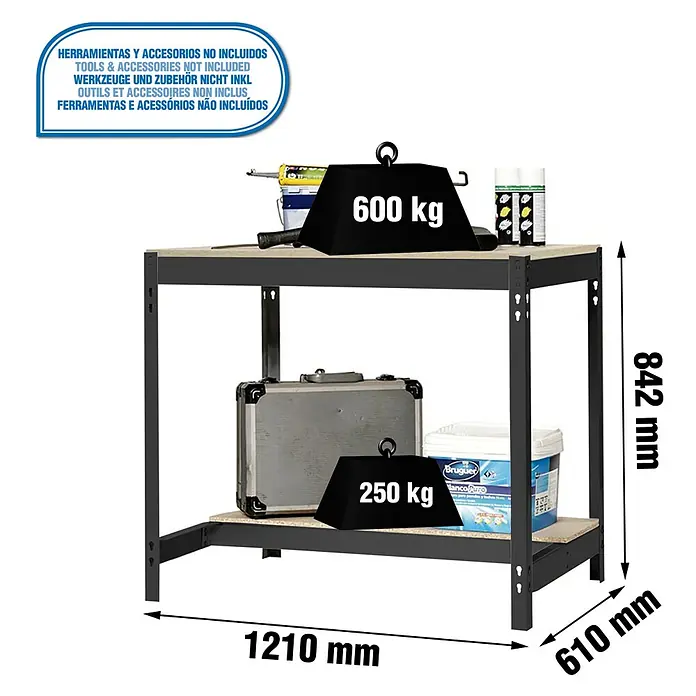 Simonrack Simonwork Banco de trabajo BT0 - L x An: 61 x 121 cm, Altura de trabajo: 84,2 cm, Carga soportada: 1.800 kg, Antracita/Madera - Imagen del producto de un banco de trabajo con dos estantes e indicaciones de peso de la capacidad de carga.