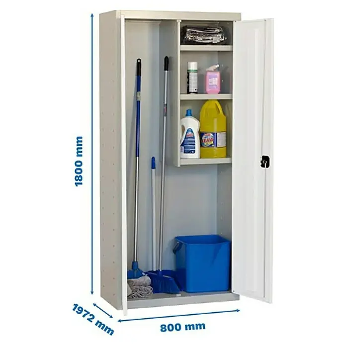 Simonrack Simonlocker Armario multiusos metálico Cleaning Desmontado - L x An x Al: 40 x 80 x 180 cm, Número de puertas: 2 ud., Gris/Blanco - Se muestra un armario de limpieza de tamaño completo con estantes ajustables, ideal para guardar productos y equipos.