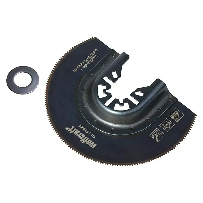 Wolfcraft Hoja de sierra - 85 mm, Metal - Hoja de sierra oscilante multiherramienta Wolfcraft gris oscuro con borde dentado y montaje en estrella, más arandela metálica. Para varios materiales.