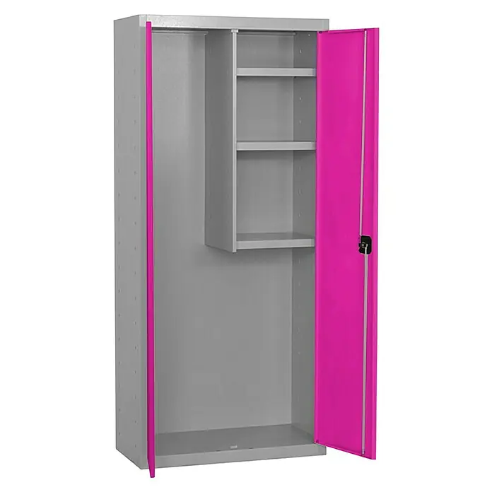 Simonrack Simonlocker Armario multiusos metálico Cleaning Desmontado - L x An x Al: 40 x 60 x 180 cm, Número de puertas: 2 ud., Gris/Rosa - Amplio armario de acero gris con puertas rosas abiertas y estantes para soluciones de almacenamiento versátiles en la oficina o en el hogar.