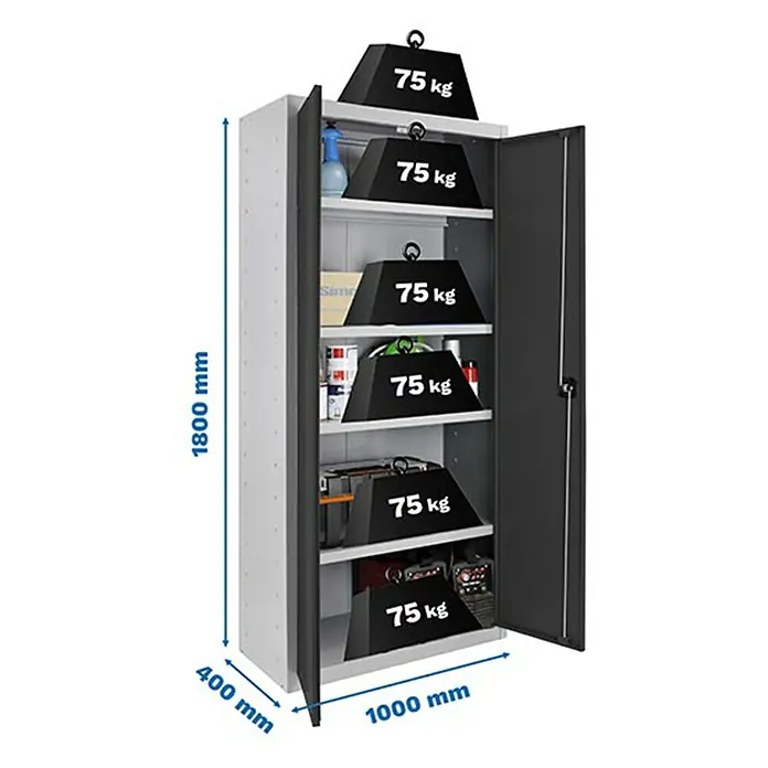 Simonrack Simonlocker Armario multiusos metálico Multi Professional Desmontado - L x An x Al: 40 x 100 x 180 cm, Gris/Antracita, Número de baldas: 4 ud. - Un armario metálico gris con puertas abiertas y pesos de 75 kg en cada compartimento, demostrando su robustez.