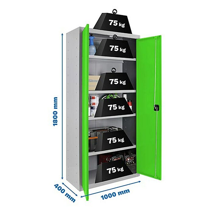 Simonrack Simonlocker Armario multiusos metálico Multi Professional Desmontado (L x An x Al: 40 x 100 x 180 cm, Gris/Verde, Número de baldas: 4 ud.) | BAUHAUS