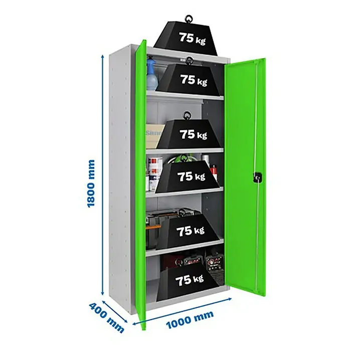 Simonrack Simonlocker Armario multiusos metálico Multi Professional Desmontado - L x An x Al: 40 x 100 x 180 cm, Gris/Verde, Número de baldas: 4 ud. - Armario metálico gris con puertas verdes, de 1800 x 1000 x 400 mm, cargado con pesos de 75 kg en cada estante.