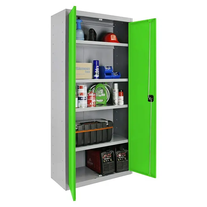 Simonrack Simonlocker Armario multiusos metálico Multi Professional Desmontado - L x An x Al: 40 x 100 x 180 cm, Gris/Verde, Número de baldas: 4 ud. - Armario de herramientas abierto con estantes y diversas herramientas y accesorios, perfecto para taller o garaje.