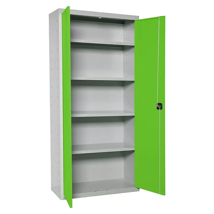 Simonrack Simonlocker Armario multiusos metálico Multi Professional Desmontado - L x An x Al: 40 x 100 x 180 cm, Gris/Verde, Número de baldas: 4 ud. - Armario metálico verde con puertas abiertas, mostrando sus estantes y construcción robusta. Ideal para taller u oficina.