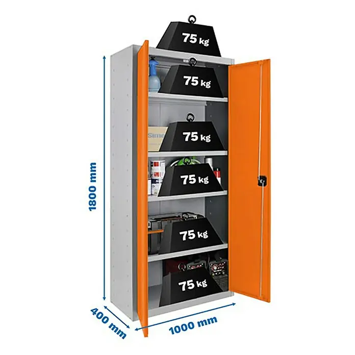 Simonrack Simonlocker Armario multiusos metálico Multi Professional Desmontado - L x An x Al: 40 x 100 x 180 cm, Gris/Naranja, Número de baldas: 4 ud. - Armario de acero gris con puertas naranjas y seis estantes, cada uno con un peso de 75 kg, mostrando capacidad de almacenamiento.