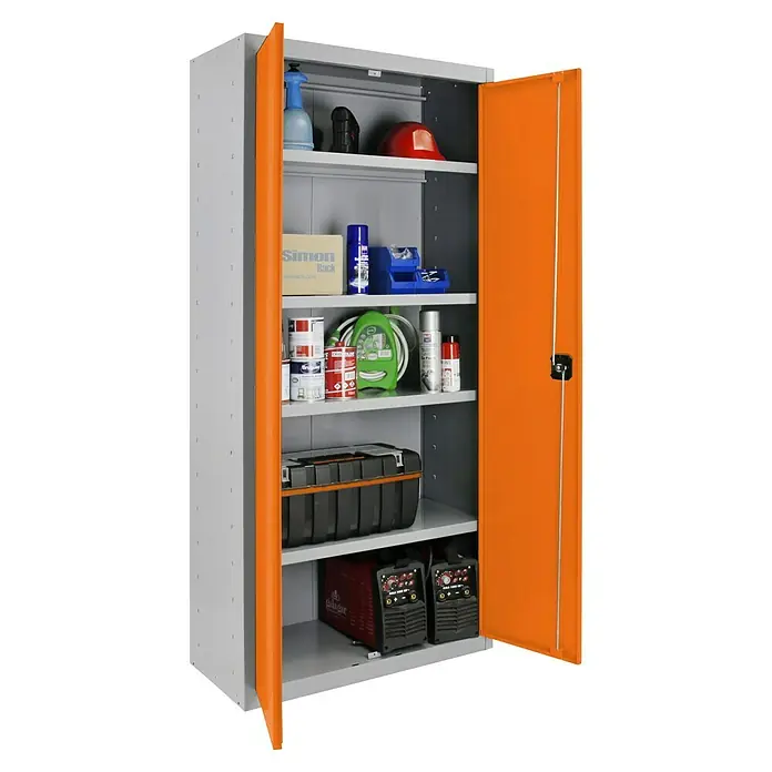 Simonrack Simonlocker Armario multiusos metálico Multi Professional Desmontado - L x An x Al: 40 x 100 x 180 cm, Gris/Naranja, Número de baldas: 4 ud. - En la imagen, un armario de herramientas gris con puertas naranjas, lleno de herramientas y accesorios. Ideal para taller o garaje.