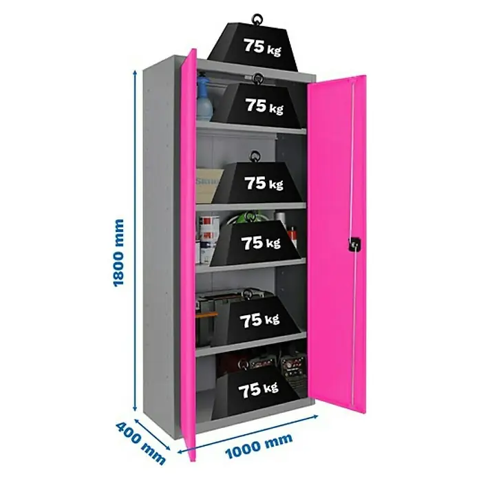 Simonrack Simonlocker Armario multiusos metálico Multi Professional Desmontado - L x An x Al: 40 x 100 x 180 cm, Gris/Rosa, Número de baldas: 4 ud. - Imagen de un armario de herramientas gris con puertas rosas e indicaciones de peso en los estantes, mostrando las dimensiones del armario.