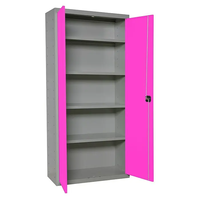Simonrack Simonlocker Armario multiusos metálico Multi Professional Desmontado - L x An x Al: 40 x 100 x 180 cm, Gris/Rosa, Número de baldas: 4 ud. - Foto brillante de un armario metálico gris con estantes y puertas de color rosa brillante que están parcialmente abiertas.