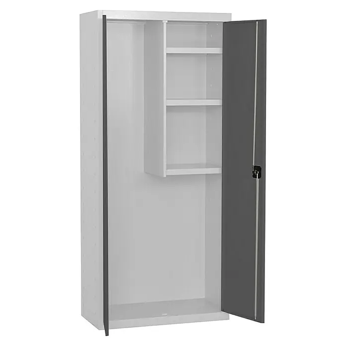 Simonrack Simonlocker Armario multiusos metálico Cleaning Desmontado - L x An x Al: 40 x 80 x 180 cm, Número de puertas: 2 ud., Blanco/Antracita - Un armario abierto de puertas batientes gris con estantes blancos. Ideal para oficina o taller para un almacenamiento claro.