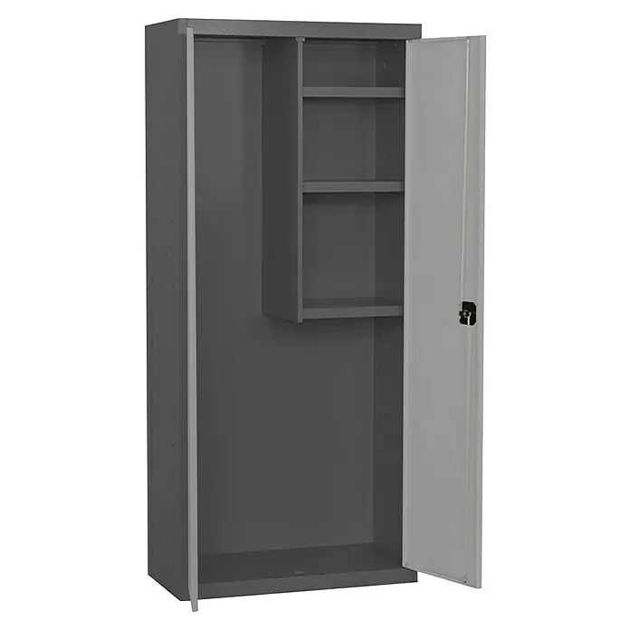 Simonrack Simonlocker Armario multiusos metálico Cleaning Desmontado - L x An x Al: 40 x 80 x 180 cm, Número de puertas: 2 ud., Antracita/Gris - Armario metálico gris con una puerta abierta y estantes para guardar objetos.