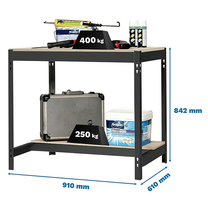 Simonrack Simonwork Banco de trabajo BT0 - L x An: 61 x 91 cm, Altura de trabajo: 84,2 cm, Carga soportada: 800 kg, Antracita/Madera - Imagen de un banco de trabajo robusto con dos niveles, cargable con 400 kg (superior) y 250 kg (inferior), con dimensiones.