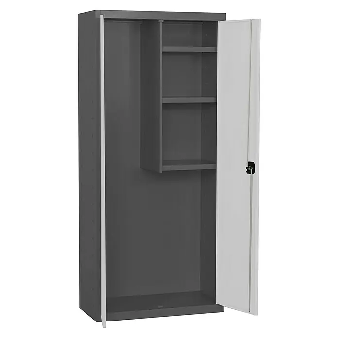 Simonrack Simonlocker Armario multiusos metálico Cleaning Desmontado - L x An x Al: 40 x 80 x 180 cm, Número de puertas: 2 ud., Antracita/Blanco - Un armario de acero gris con una puerta blanca abierta y estantes interiores, perfecto para guardar herramientas o materiales.